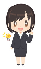 指差しポーズでひらめくビジネススーツ姿の女性