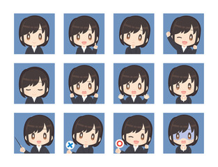 ビジネススーツ姿の女性 感情四角アイコンセット