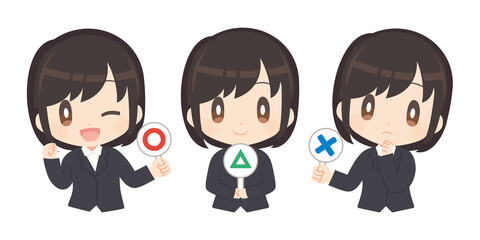 マルバツプラカードを持つビジネススーツ姿の女性セット