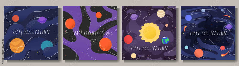 Sticker vector illustration in abstract flat style. minimalistic color space. space exploration concept. des