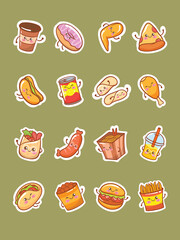 set of cute fast food icon sticker cartoon characters and illustrations. 