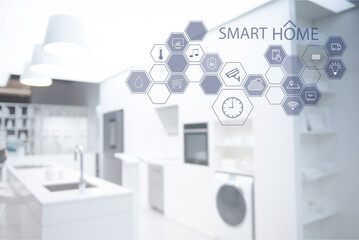 Smart home technology, IoT Internet of Things interface on smartphone app screen  connected objects in the modern apartment interior