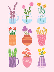 set of hand-drawn of a hygge Scandinavian floral beautiful pot, vase, jug, or jar bottles with cute flowers ornaments.