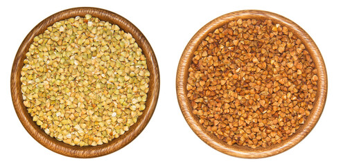 Two buckwheat in wooden cups. Green buckwheat and fried isolated on white background. Healthy and organic food