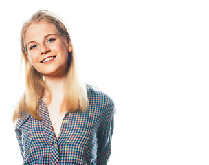 young pretty teenage hipster girl posing emotional happy smiling on white background, lifestyle people concept