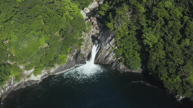 Toroki no Taki Falls on Yakushima Island, Japan. Aerial View Sunny Day