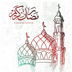 Ramadan sketch of mosque on grunge background. Vector Illustration