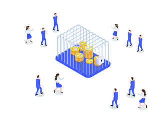 Business trap vector concept. Group of business people running to take a bitcoin trapped in a cage