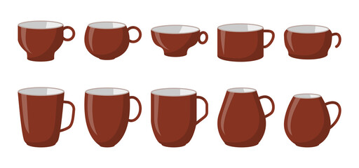 Cartoon style classic white coffee cup mockup icon set. Flat different shape empty template mug for design logo, label, tea house shop menu. Brown ceramic clean container for drink Vector illustration