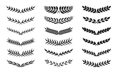 Black silhouette semicircular form vintage wreath icon set. Floral leaf ornament frame for your design depicting foliate borders. Laurel or olive branch. Great for poster. Isolated vector illustration