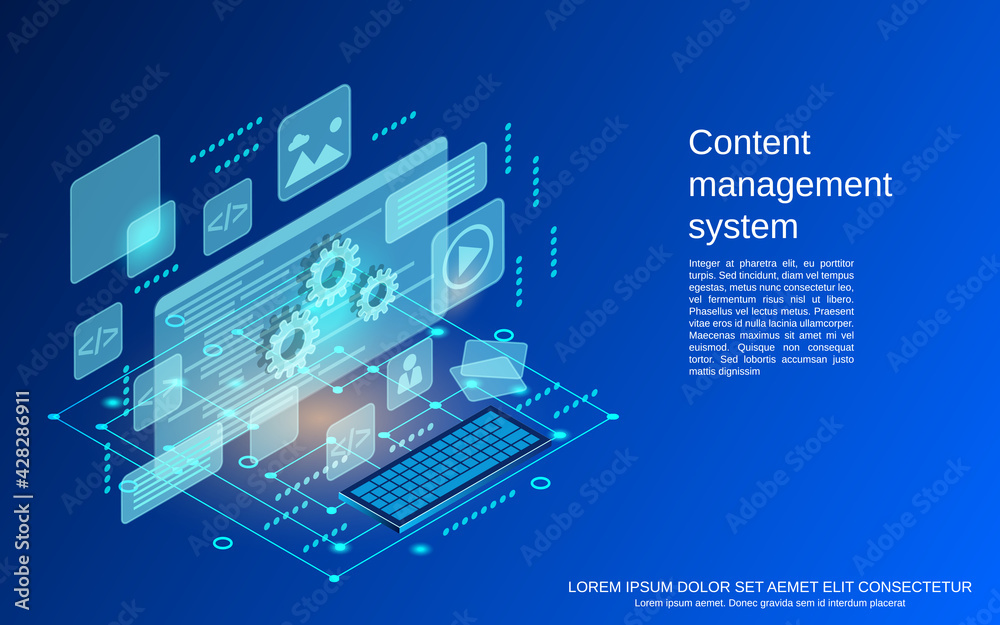 Wall mural content management system, web application development, website interface design flat 3d isometric v