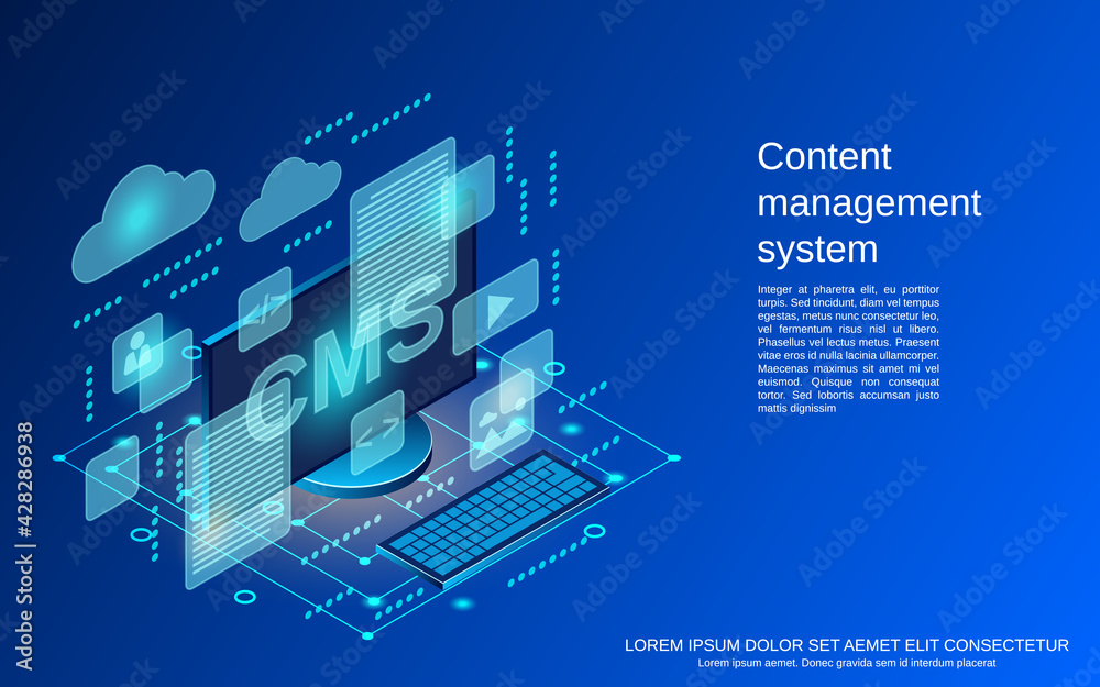 Poster Content management system, web application development, website interface design flat 3d isometric vector concept illustration