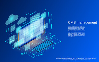 CMS management, web application development, website interface design flat 3d isometric vector concept illustration