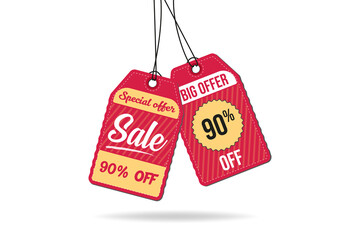 Red sale paper tags vector set. hand-drawn elements in red color hanging. Vector illustration.