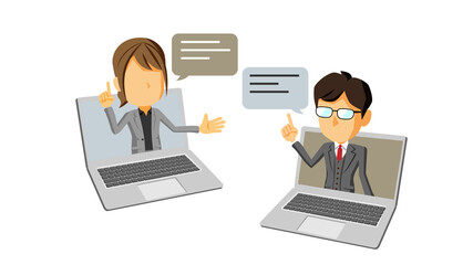 PCの画面から飛び出して会話するスーツ姿の男性と女性のイラスト	