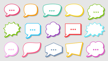 Retro sketch speech bubble icon set. Cartoon pop art bubbles with colorful contour. Vector design fun comic page dialog text message balloon template shapes. Boom, burst, wow effect empty frame