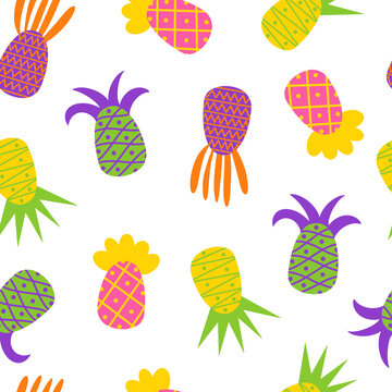 Seamless vector pattern with bright pineapples. Multicolored exotic fruits with ornament on a white background. Beautiful seamless pattern with colorful tropical pineapples