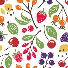 Cute berry seamless pattern. Bright and juicy berries on white background. Vector shabby hand drawn illustration
