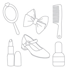 vector contour illustration of accessories. delicate patterns of jewelry for girls. elements for children's design. women's beauty items.