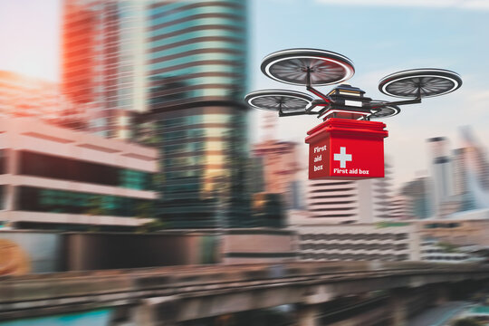 Business and medical industry of future concept,automation drone robot smart technology,send medicine and vaccine,first aid box,covid-19 to people to quarantine at home,with air transportation