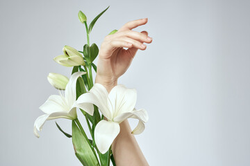 A bouquet of white flowers and female hands on a light background cropped view close-up