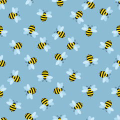 Seamless pattern with bees on color background. Small wasp. Vector illustration. Adorable cartoon character. Template design for invitation, cards, textile, fabric. Doodle style