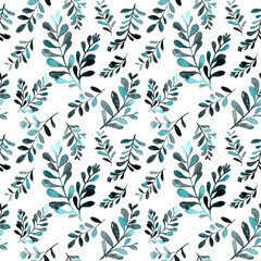 Watercolor hand drawn branches with leaves in seamless pattern. Gray  background. Design for covers, packaging, textile and wallpepers. Gray and light blue leaves, bush and grass illustration. Seaweed