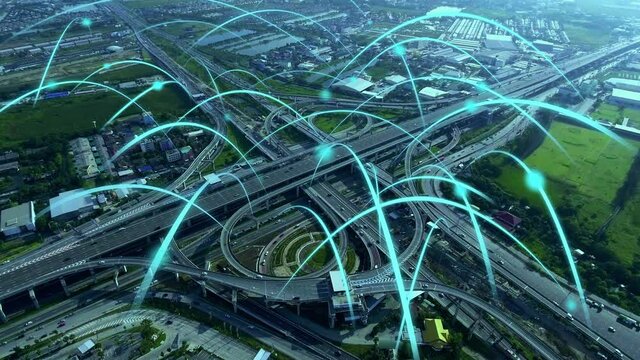Smart digital city highway with globalization graphic of connection network abstract line . Concept of future 5G smart wireless digital city and social media networking systems .