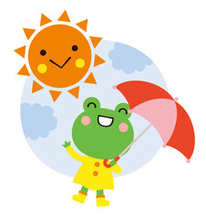 傘を差したカエルと太陽 梅雨の季節のイラスト