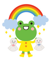 カエルとてるてる坊主と虹 梅雨の季節のイラスト