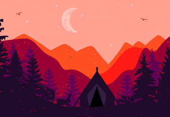 camping in the mountains. bunny and tent in the forest against the background of mountains. orange landscape. vector. eps
