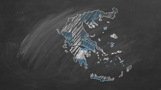 Country map and flag of Greece drawing with chalk on a blackboard. 4K hand drawn animation. One of a large series of maps and flags of different countries. Education, travel, study abroad concept.