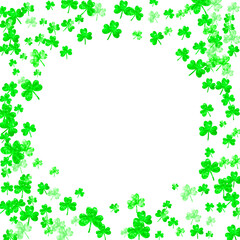 Clover background for Saint Patricks Day. Lucky trefoil confetti. Glitter frame of shamrock leaves. Template for party invite, retail offer and ad. Holiday clover background.