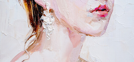 Fragment of an oil painting.  Portrait of a woman. The art is done in a realistic manner.