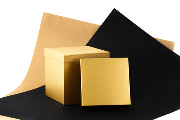 set of two minimal gift boxes, big open golden shining box on a background of beige, black, white paper.