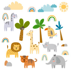Cute safari animals set on white backgound. Jungle animals vector set © Olga