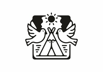 Black and white line art illustration of camping tent and bird