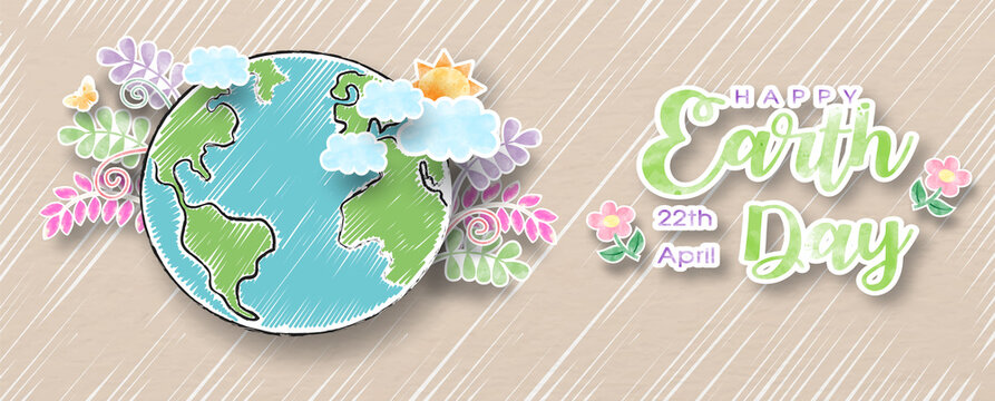 Card and poster campaign's of Earth day in watercolor with crayon and paper cut out style with banner vector design.