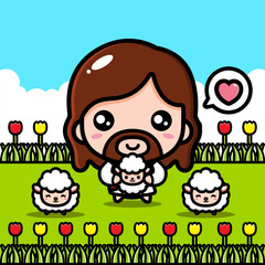 cute cartoon jesus vector design is in the park with the sheep holding the sheep