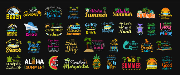 Set of summer funny and sassy labels, hand-drawn lettering, logos, badges and stickers with tropical and beach elements - obrazy, fototapety, plakaty
