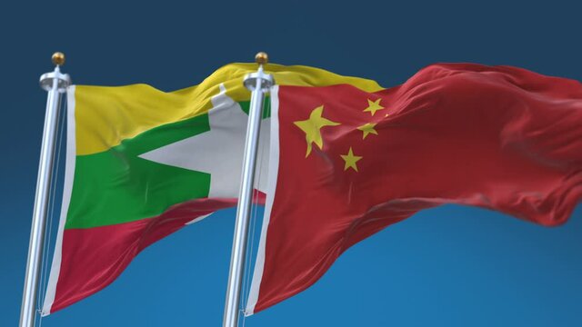 4k Seamless Myanmar and China Flags with blue sky background;A fully digital rendering;The animation loops at 20 seconds;MYA CN.