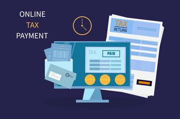Electronic tax, online payment. Tax form, return. Digital transfer of funds, financial transactions, registration of data on time,on schedule with receipt. Internet payments, bank according, calendar