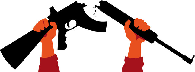 Human hands breaking an automatic rifle apart, EPS 8 vector illustration