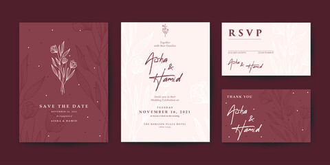 Beautiful maroon wedding invitation template set