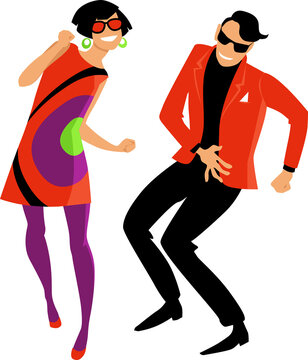 Young couple dressed in 1960s mod fashion dancing the twist, EPS 8 vector illustration