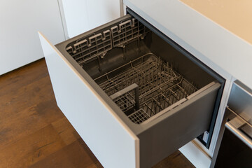 Clean new empty dishwasher open the door