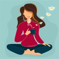 A cute girl in a raspberry blouse sits in a lotus position meditates and drinks tea. Relaxation yoga session with chamomile tea. Sports healthy lifestyle. Flat vector illustration on turquoise.