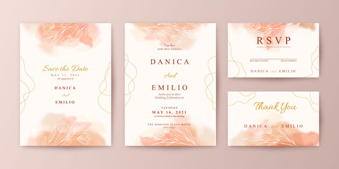 Romantic wedding invitation set with watercolor background