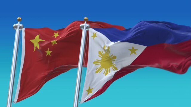 4k Seamless Philippines and China Flags with blue sky background;A fully digital rendering;The animation loops at 20 seconds;PHI PH CHN CN.