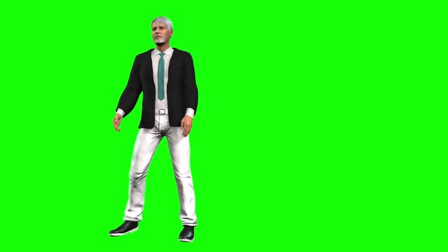 3d animation with a middle aged avatar man moving and talking about something.
